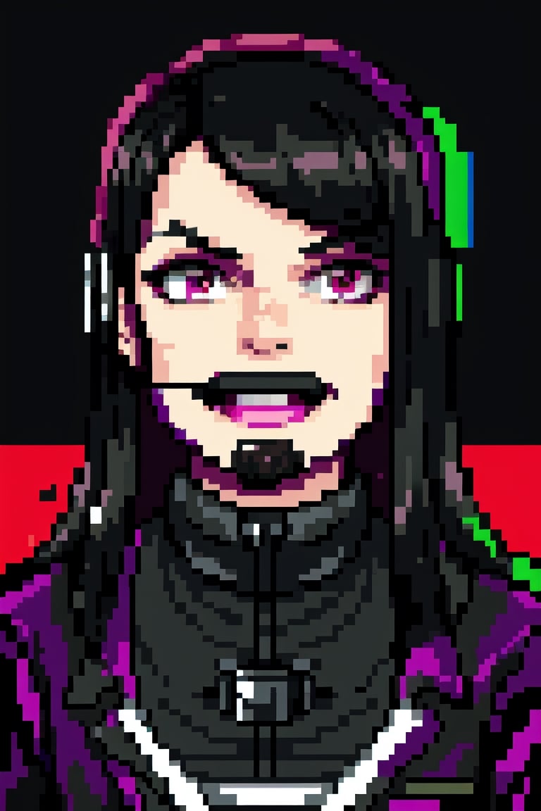 (masterpiece),a portrait of a handsome man  , wavy neck-length black hair , red eyes, thin beard, turtleneck , slick collared trench coats ,wearing black glove , wearing a black fedora , 25 years old of age, evil smile face expression ,bokeh , depth_of_field , glitching ,low ploy, red green purple cyan pink main color , 
 this image evokes a sense of depth and modernity, accentuated by the deliberate inclusion of digital noise and glitch elements, giving it a unique and dynamic quality. The images are of exceptional quality, with vibrant colors and intricate textures that capture the viewer's attention), Detailed Textures, high quality, high resolution, high Accuracy, realism, color correction, Proper lighting settings, harmonious composition, Behance works, Glitching, low ploy , glitch around the face, facing sideways , ,Pixel art