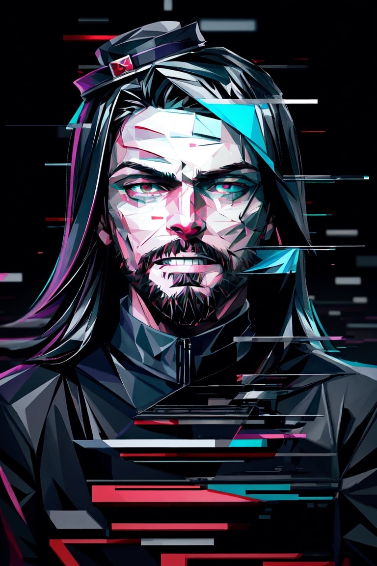 (masterpiece),a portrait of a handsome man , he is facing front, long wavy black hair , red eyes, thin beard, turtleneck , slick collared trench coats ,wearing black glove , wearing a black fedora , 25 years old of age, evil smile face expression ,bokeh , depth_of_field , glitching ,low ploy, red green purple cyan pink main color , 
 this image evokes a sense of depth and modernity, accentuated by the deliberate inclusion of digital noise and glitch elements, giving it a unique and dynamic quality. The images are of exceptional quality, with vibrant colors and intricate textures that capture the viewer's attention), Detailed Textures, high quality, high resolution, high Accuracy, realism, color correction, Proper lighting settings, harmonious composition, Behance works, Glitching, low ploy , glitch around the face,