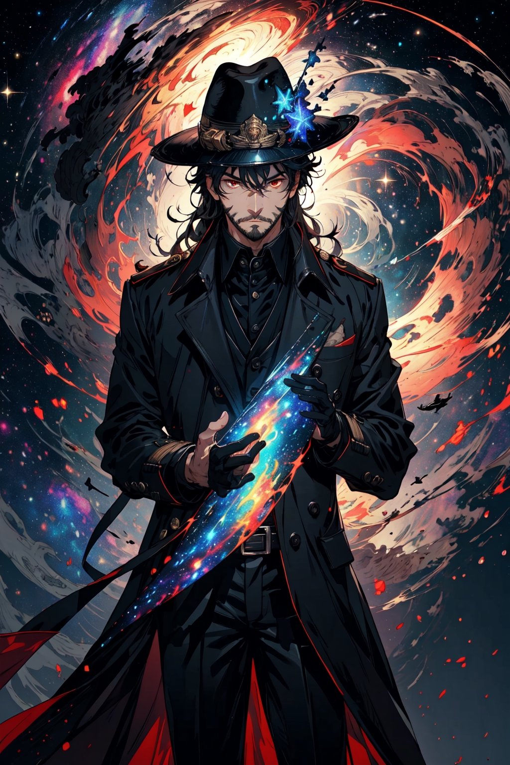 (masterpiece), long wavy black hair , red eyes, thin beard, turtleneck , slick collared trench coats with galaxies within it, black glove , black fedora , 25 years old of age, serious face expression , starlight coming out of his hands ,  Interstellar, nebula lounge , vivid, cinematic lighting , flying in the space , galaxies inside his coat tails , he controls the power of starts and galaxies with him , several planets and galaxy in the backgrounds , bokeh , depth_of_field ,