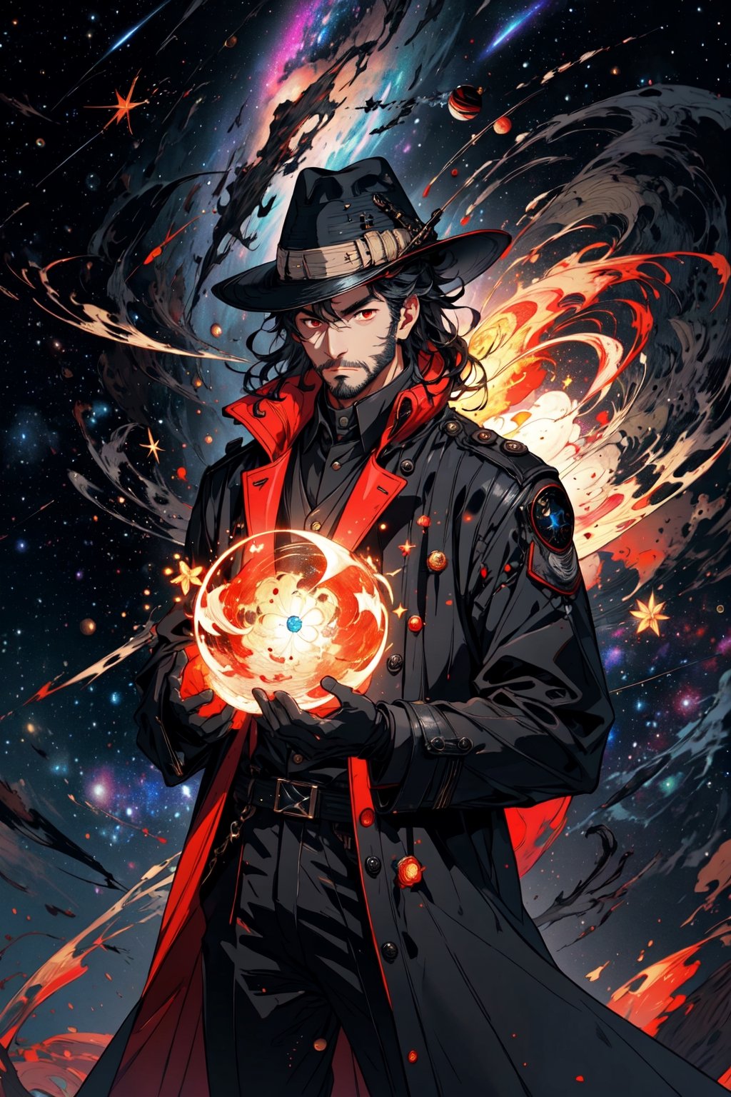 (masterpiece), long wavy black hair , red eyes, thin beard, turtleneck , slick collared trench coats with galaxies within it, black glove , black fedora , 25 years old of age, serious face expression , starlight coming out of his hands ,  Interstellar, nebula lounge , vivid, cinematic lighting , flying in the space , galaxies inside his coat tails , he controls the power of starts and galaxies with him , several planets and galaxy in the backgrounds , bokeh , depth_of_field ,