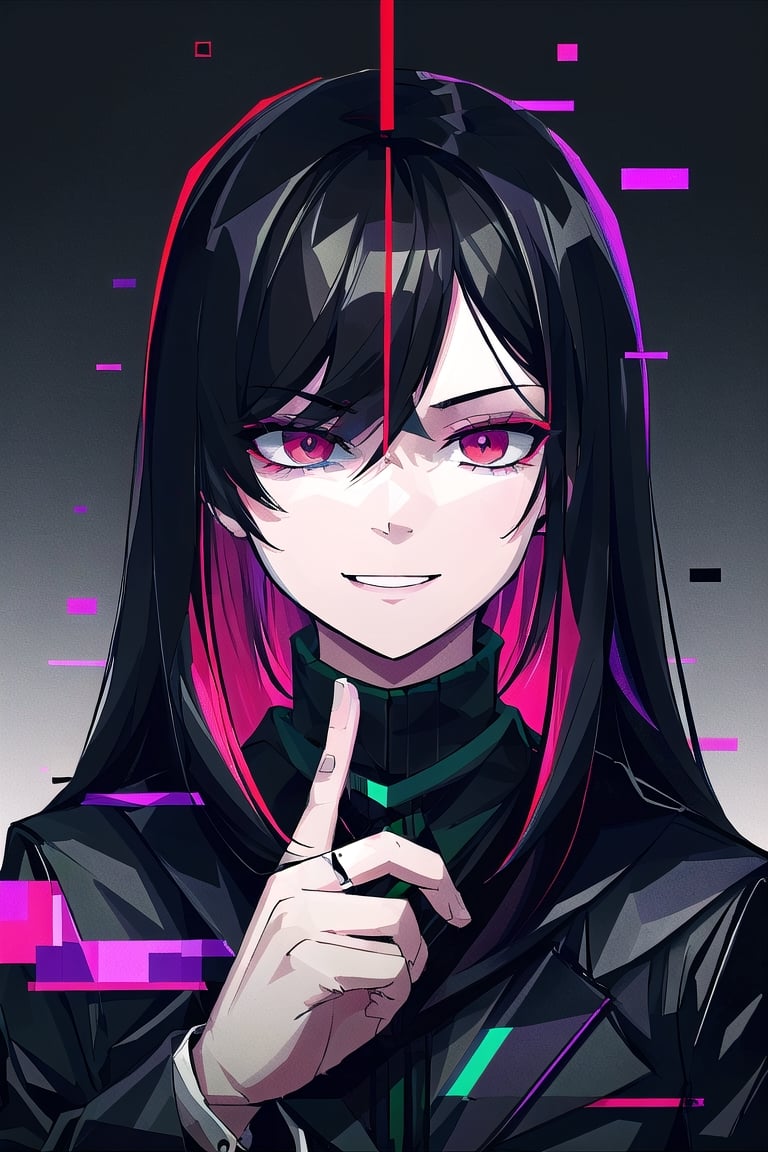 (masterpiece),a portrait of a handsome man  , wavy neck-length black hair , red eyes, thin beard, turtleneck , slick collared trench coats ,wearing black glove , wearing a black fedora , 25 years old of age, evil smile face expression ,bokeh , depth_of_field , glitching ,low ploy, red green purple cyan pink main color , 
 this image evokes a sense of depth and modernity, accentuated by the deliberate inclusion of digital noise and glitch elements, giving it a unique and dynamic quality. The images are of exceptional quality, with vibrant colors and intricate textures that capture the viewer's attention), Detailed Textures, high quality, high resolution, high Accuracy, realism, color correction, Proper lighting settings, harmonious composition, Behance works, Glitching, low ploy , glitch around the face,1guy