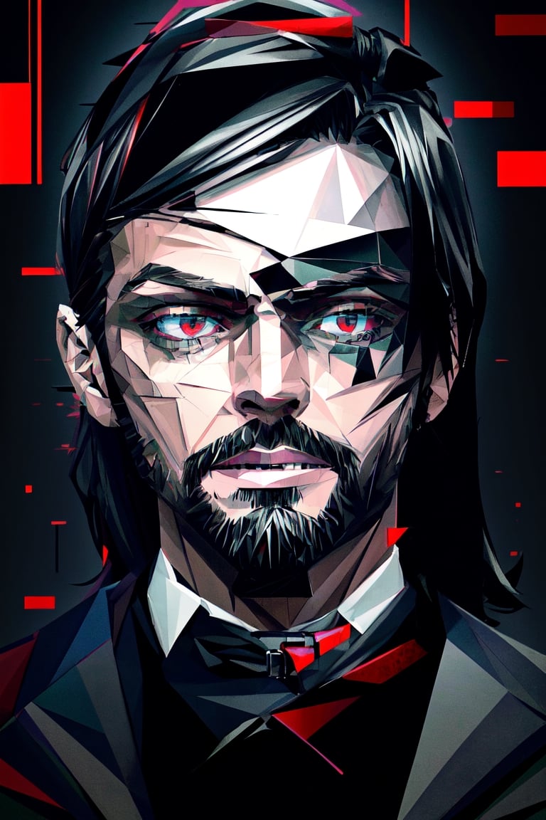 (masterpiece),a portrait of a handsome man  , wavy neck-length black hair , red eyes, thin beard, turtleneck , slick collared trench coats ,wearing black glove , wearing a black fedora , 25 years old of age, evil smile face expression ,bokeh , depth_of_field , glitching ,low ploy, red green purple cyan pink main color , 
 this image evokes a sense of depth and modernity, accentuated by the deliberate inclusion of digital noise and glitch elements, giving it a unique and dynamic quality. The images are of exceptional quality, with vibrant colors and intricate textures that capture the viewer's attention), Detailed Textures, high quality, high resolution, high Accuracy, realism, color correction, Proper lighting settings, harmonious composition, Glitching, low ploy , glitch around the face, facing sideways ,