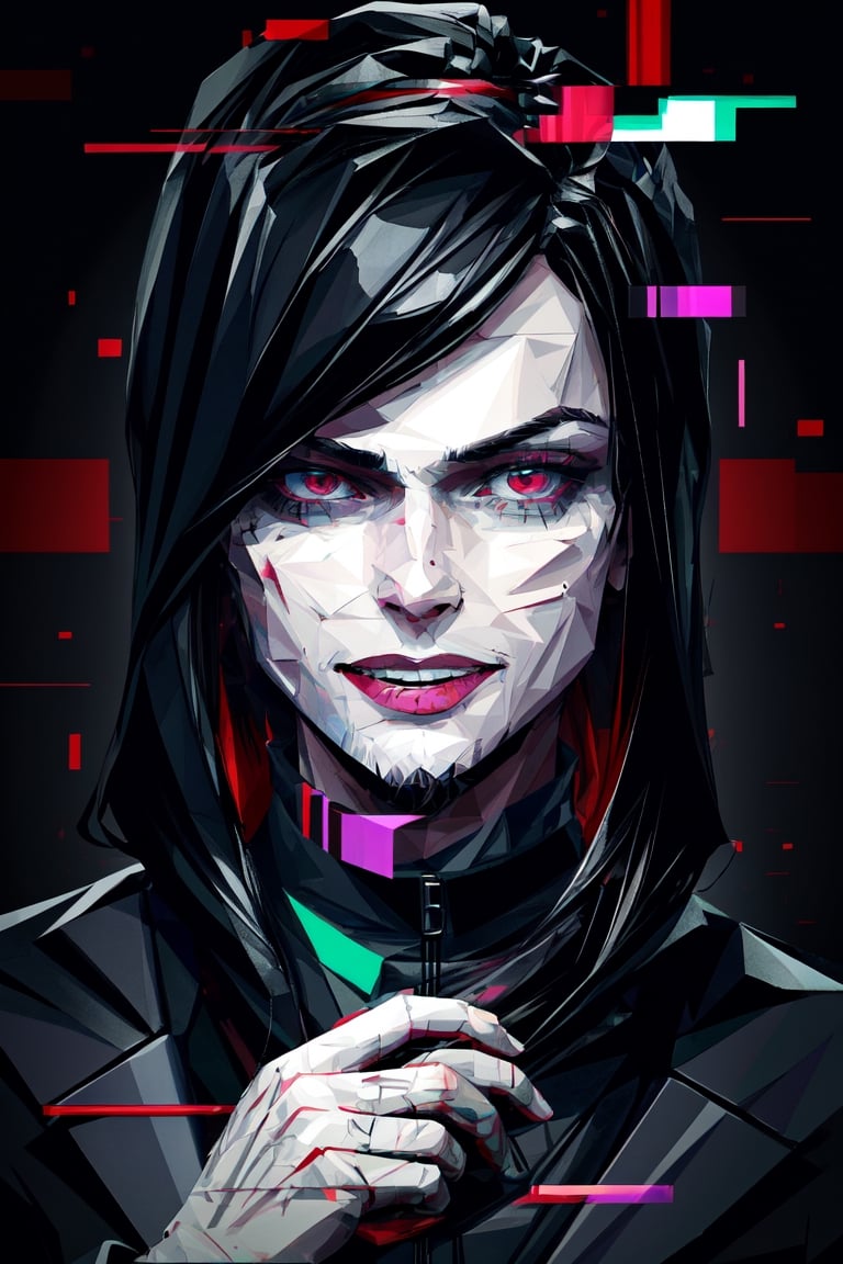 (masterpiece),a portrait of a handsome man  , wavy neck-length black hair , red eyes, thin beard, turtleneck , slick collared trench coats ,wearing black glove , wearing a black fedora , 25 years old of age, evil smile face expression ,bokeh , depth_of_field , glitching ,low ploy, red green purple cyan pink main color , 
 this image evokes a sense of depth and modernity, accentuated by the deliberate inclusion of digital noise and glitch elements, giving it a unique and dynamic quality. The images are of exceptional quality, with vibrant colors and intricate textures that capture the viewer's attention), Detailed Textures, high quality, high resolution, high Accuracy, realism, color correction, Proper lighting settings, harmonious composition, Behance works, Glitching, low ploy , glitch around the face,