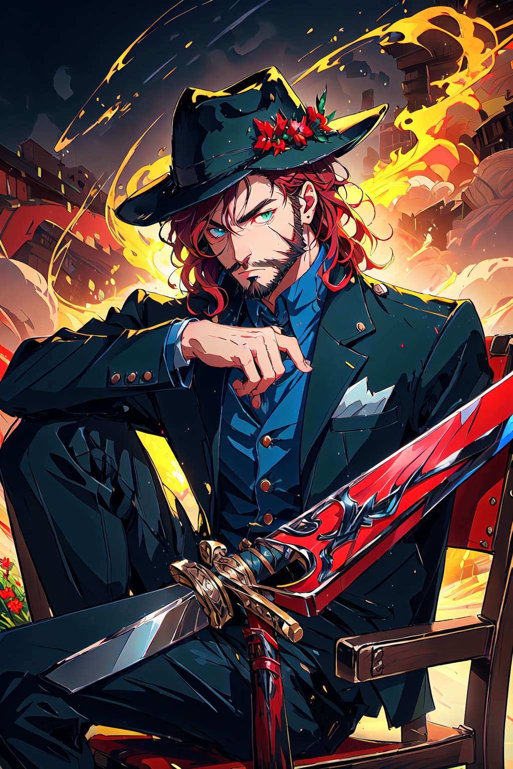 A portrait of a handsome man in slick collared red armored trenchcoat , wearing a red fedora, neck-length wavy hair , 25 years old of age , full beard  , he is sitting on a chair in the middle of a green beautiful meadow , blue sky with huge cloud in the background, low light, highly detailed, 8k,  serious face expression, red right eye and green left eye, wearing a thin black turtleneck , reddish hair ,blend, torso shot, bokeh, (hdr:1.4), high contrast, cinematic ,The Dark Huntsman ,weapon,ryanBS_soul3142,black steel cane , blue lightning ,sword on the back , heterochromia ,