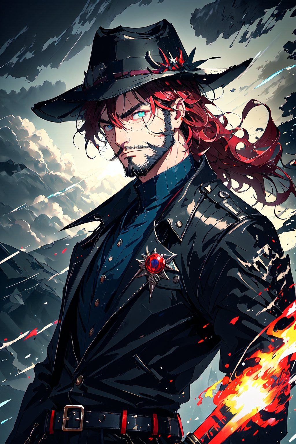 A portrait of a handsome man in slick collared red armored trenchcoat , wearing a red fedora, neck-length wavy hair , 25 years old of age , full beard  , he is standing in the middle of a green beautiful meadow , blue sky with huge cloud in the background, low light, highly detailed, 8k,  serious face expression, red right eye and green left eye, wearing a thin black turtleneck , reddish hair ,blend, torso shot, bokeh, (hdr:1.4), high contrast, cinematic ,The Dark Huntsman ,weapon,ryanBS_soul3142,black steel cane , blue lightning ,sword on the back , heterochromia ,