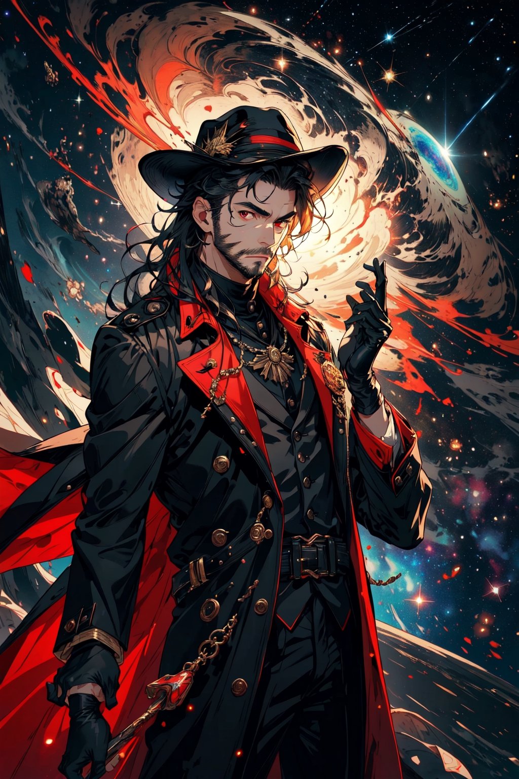 (masterpiece), long wavy black hair , red eyes, thin beard, turtleneck , slick collared trench coats with galaxies within it, black glove , black fedora , 25 years old of age, serious face expression , starlight coming out of his hands ,  Interstellar, nebula lounge , vivid, cinematic lighting , flying in the space , galaxies inside his coat tails , he controls the power of starts and galaxies with him , several planets and galaxy in the backgrounds , bokeh , depth_of_field ,