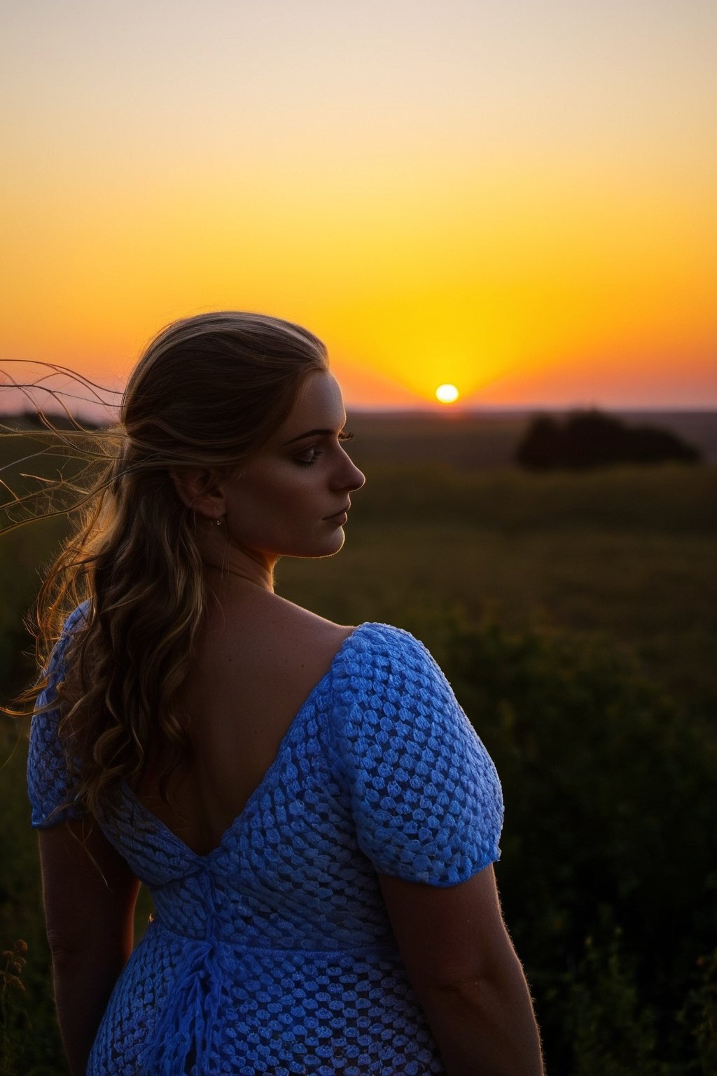 Upper body portrayal of a huge breast young girl, silhouette highlighted against the setting sun, BREAK Backdrop of a fiery sunset, radiant colors of twilight, horizon disappearing into the distance, BREAK Contemplative, peaceful, BREAK Oil painting, romantic realism, BREAK Soft, warm sunset light, strong backlighting, BREAK Close-up shot, shallow depth of field, BREAK High texture detail, high-definition, 4K