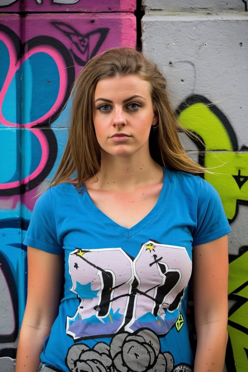 Teen girl in her 20s, huge breast, wear v-neck tshirt, graffiti wall backdrop