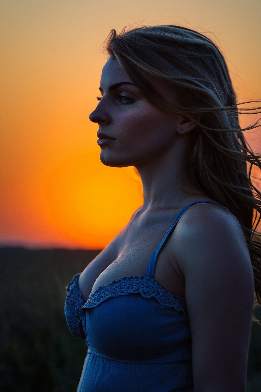 Upper body portrayal of a huge breast young girl, silhouette highlighted against the setting sun, BREAK Backdrop of a fiery sunset, radiant colors of twilight, horizon disappearing into the distance, BREAK Contemplative, peaceful, BREAK Oil painting, romantic realism, BREAK Soft, warm sunset light, strong backlighting, BREAK Close-up shot, shallow depth of field, BREAK High texture detail, high-definition, 4K