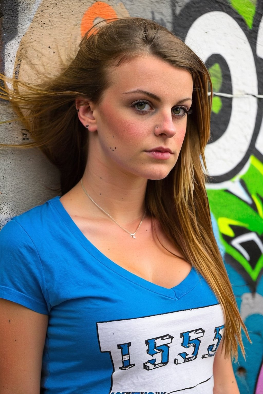 Teen girl in her 20s, huge breast, wear v-neck tshirt, graffiti wall backdrop