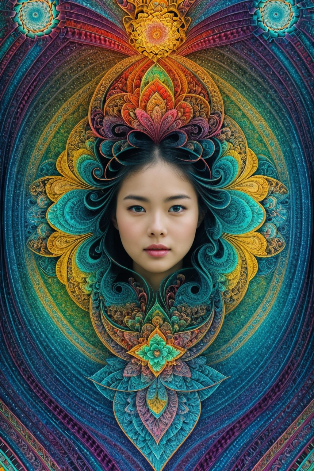 Official Art, Unity 8K Wallpaper, Super Detailed, Beautiful and Aesthetic, Masterpiece, Top Quality, (Zentangle, Mandala, Tangle, Tangle), (Fractal Art: 1.3), One Girl, Highly Detailed, Dynamic Angle, Cowboy Shot, the most beautiful form chaos, elegant, brutalist design, bright colors, red, cyan, yellow, green, romanticism,