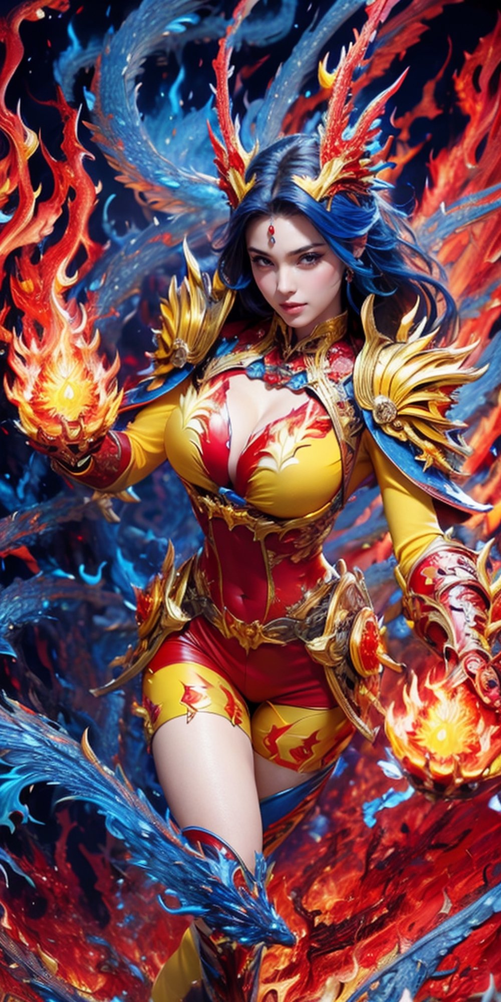 Fantasy Art, (Highest Quality, Masterpiece: 1.2), Super Detailed, (Photoreal: 1.5), (Sharp Focus), Female Spirit of Molten Fire Burning in Red, Full Body, Detailed Elemental of Molten Fire, (Red and Yellow and blue flames: 1.8), (in a fantasy world), gentle smile, strong eyes, beautiful face, detailed face, perfect proportions, huge breasts, thin waist, navel, buttocks, crotch gap, thighs, hands dynamic poses, steampunk style, detail master 2,bul4n