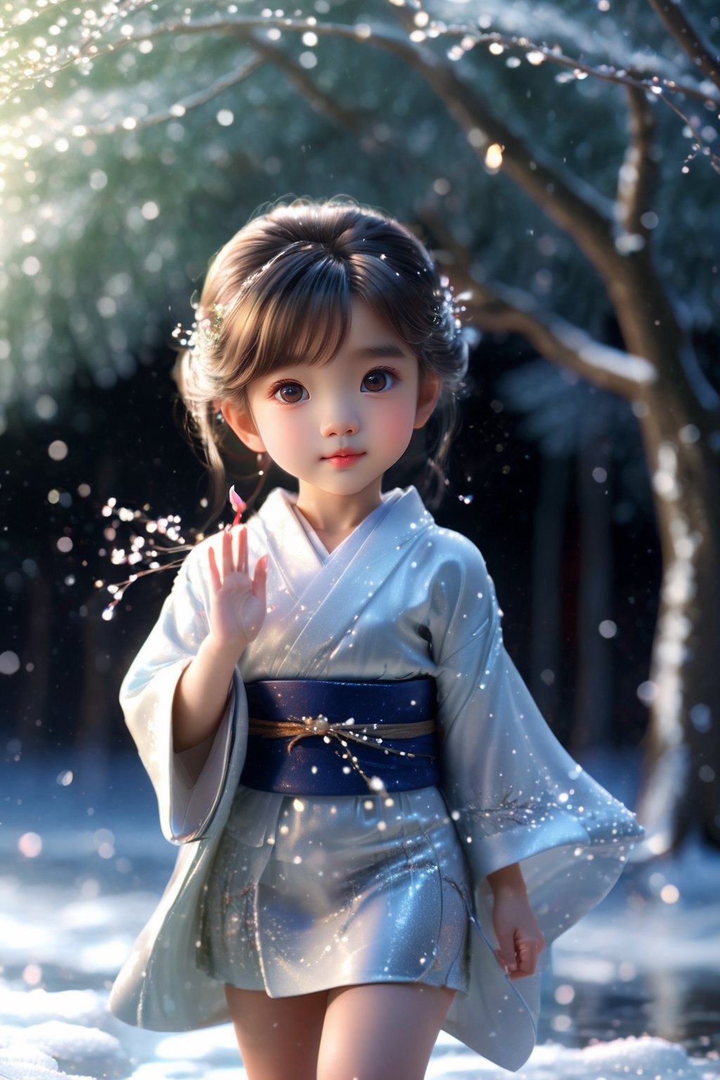 (composite, 8k, HDR, cinematic lighting, masterpiece, highest quality, (photorealistic: 1.2), sharp focus, 1 girl, 10 years old, Japanese fairy, snow fairy, Yukinko, cute smile , Knee-length kimono, white skin, ((Everything sparkles, light reflection: 1.2)), (Perfect hands: 4 fingers | 1 thumb), Trees in the snowy field reflecting on the ice, (Random pose), Environment Lighting, lighting on the face,