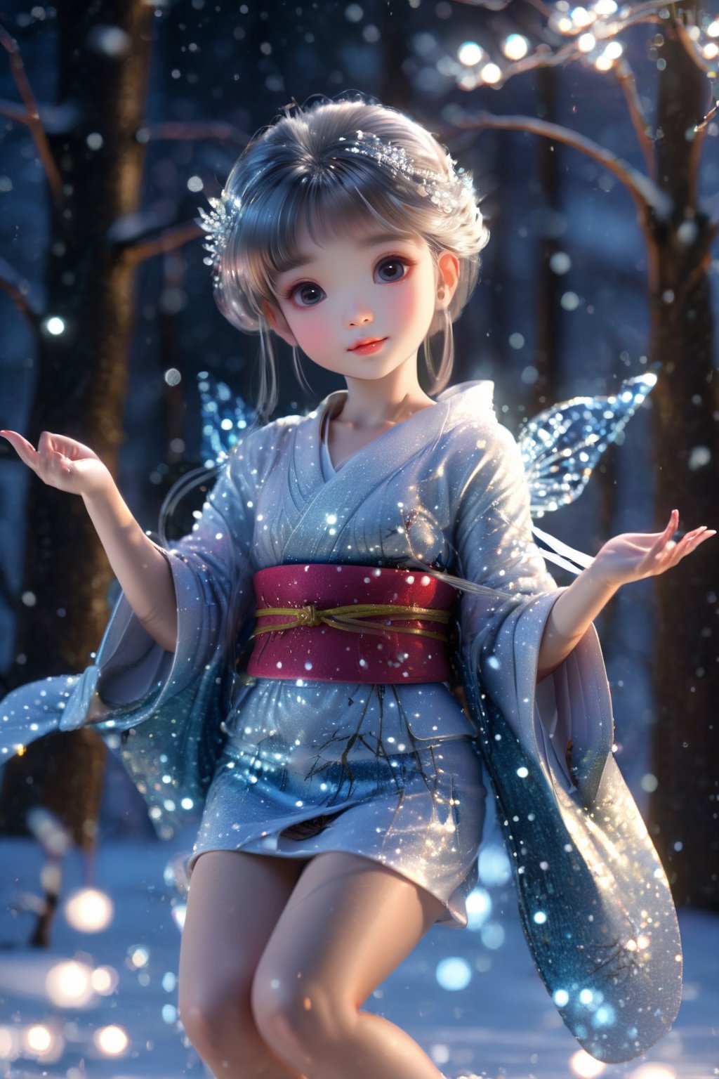 (composite, 8k, HDR, cinematic lighting, masterpiece, highest quality, (photorealistic: 1.2), sharp focus, 1 girl, 10 years old, Japanese fairy, snow fairy, Yukinko, cute smile , Knee-length kimono, white skin, ((Everything sparkles, light reflection: 1.2)), (Perfect hands: 4 fingers | 1 thumb), Trees in the snowy field reflecting on the ice, (Random pose), Environment Lighting, lighting on the face,