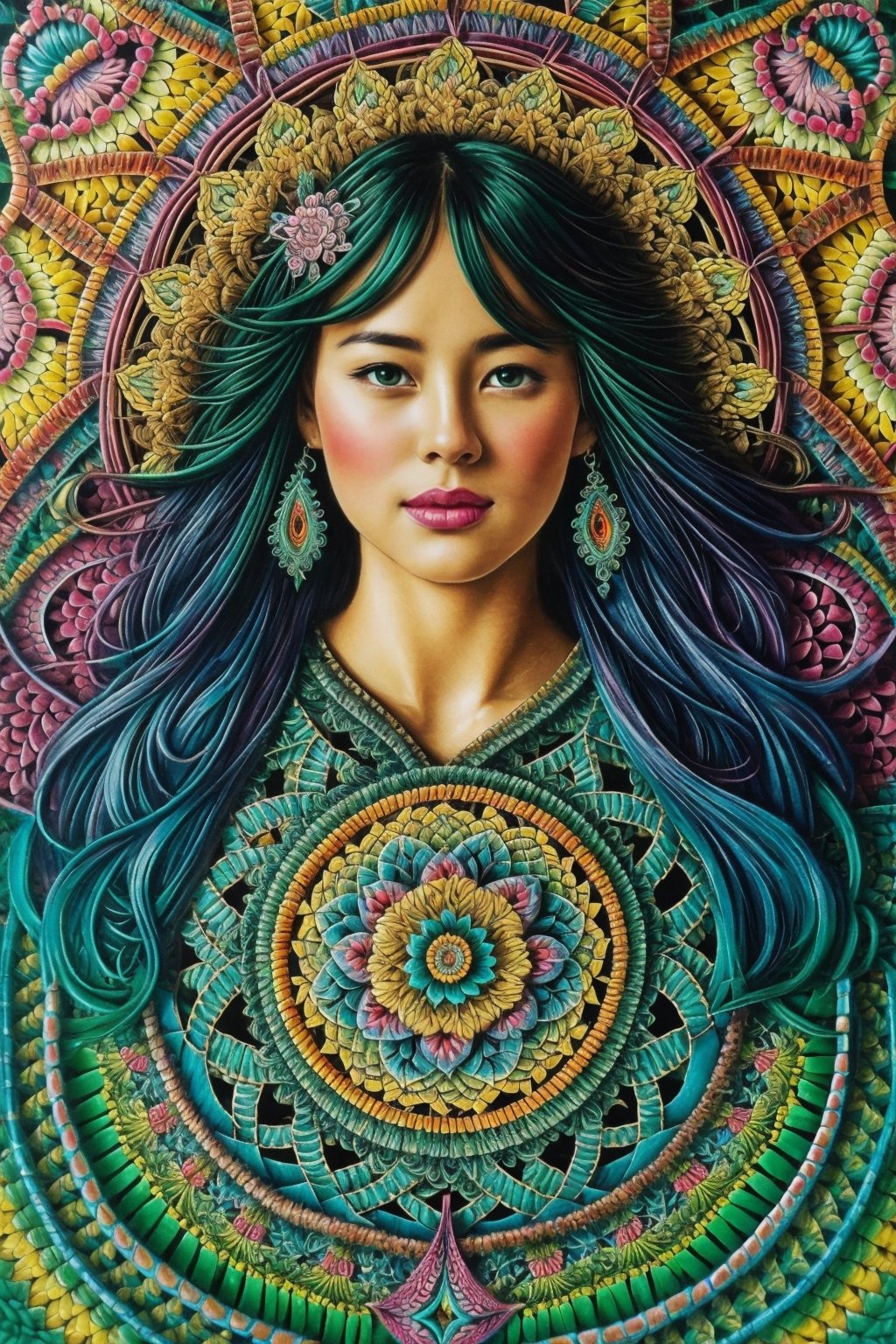 Vivid Colors, Official Art, Unity 8K Wallpaper, Super Detailed, Beautifully Aesthetic, Masterpiece, Top Quality, (Zentangle, Mandala, Tangle, Tangle,:1.3), (Fractal Art:1.3), One Girl, Focus on the Face , highly detailed, dynamic angles, cowboy shots, the most beautiful forms of chaos, elegant, brutalist design, vibrant colors, red, cyan, yellow, green, romanticism,