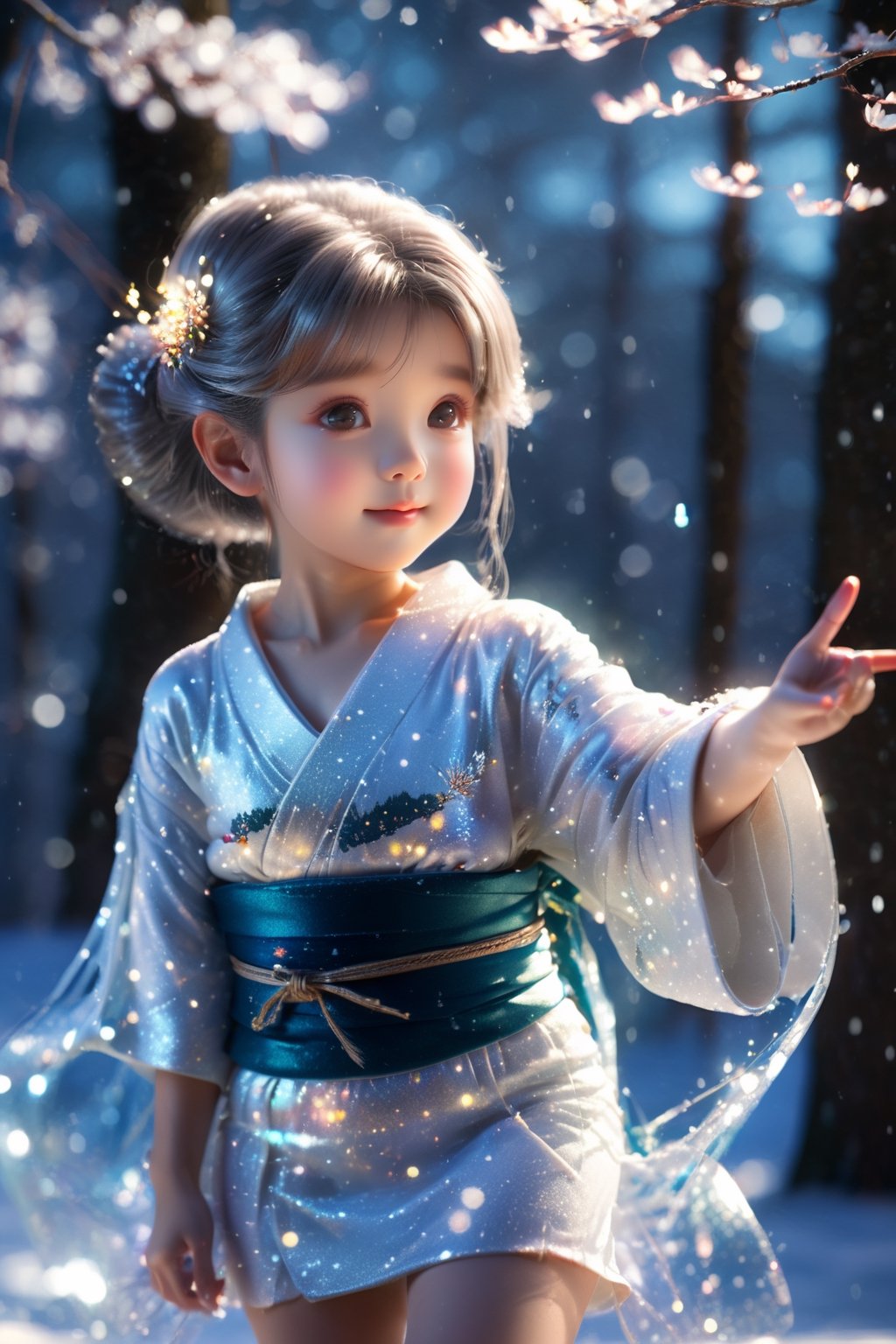 (composite, 8k, HDR, cinematic lighting, masterpiece, highest quality, (photorealistic: 1.2), sharp focus, 1 girl, 10 years old, Japanese fairy, snow fairy, Yukinko, cute smile , Knee-length kimono, white skin, ((Everything sparkles, light reflection: 1.2)), (Perfect hands: 4 fingers | 1 thumb), Trees in the snowy field reflecting on the ice, (Random pose), Environment Lighting, lighting on the face,