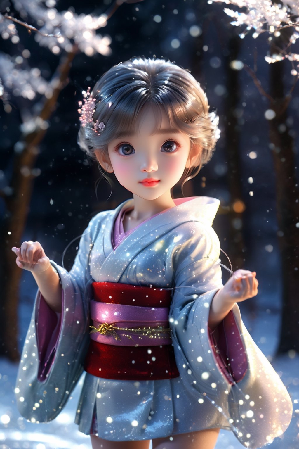 (composite, 8k, HDR, cinematic lighting, masterpiece, highest quality, (photorealistic: 1.2), sharp focus, 1 girl, 10 years old, Japanese fairy, snow fairy, Yukinko, cute smile , Knee-length kimono, white skin, ((Everything sparkles, light reflection: 1.2)), (Perfect hands: 4 fingers | 1 thumb), Trees in the snowy field reflecting on the ice, (Random pose), Environment Lighting, lighting on the face,