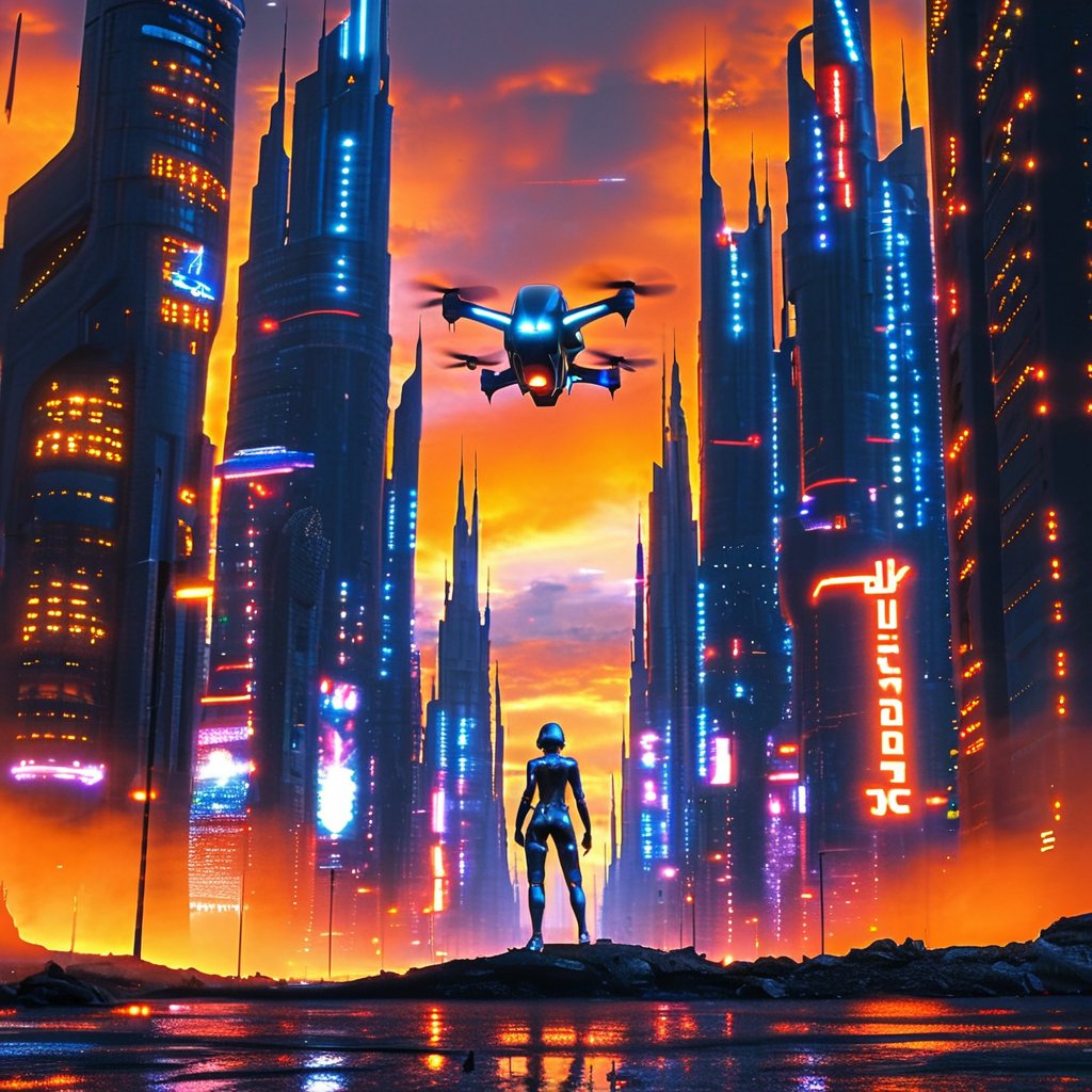 A futuristic cityscape at dusk: sleek skyscrapers pierce the smoggy orange sky as neon lights and holographic advertisements flicker to life. A hovering drone zips past, leaving a trail of digital sparks in its wake, while a lone figure in a metallic jumpsuit stands atop a crumbling ruin, gazing out upon the dystopian metropolis.