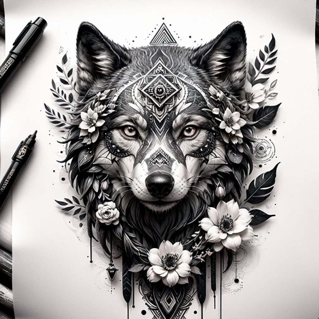 Visual Design, Tattoo, aesthetic, a black and white drawing of a wolf head with flowers and other designs on it, a detailed drawing, behance contest winner, elaborate ink illustration, intricate ink illustration, geometric wolf, tattoo design, hyper detailed wolf - like face, ink artwork,more detail XL