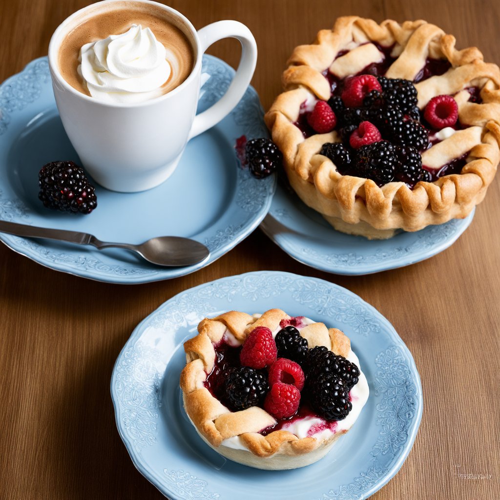 The image presents a scene of indulgence, featuring two freshly baked pies with a lattice crust, generously topped with whipped cream and an assortment of berries including raspberries and blackberries. The pies are placed on ornate blue plates with intricate designs, suggesting a sense of occasion or celebration. Accompanying the pies is a cup of coffee, served in a white mug that sits on a matching saucer, ready to provide warmth alongside the dessert. The entire setup is arranged on a wooden table, which adds a rustic charm to the composition. The focus on the pies and the coffee suggests a moment of leisure or a special treat, inviting the viewer to partake in this delightful tableau.