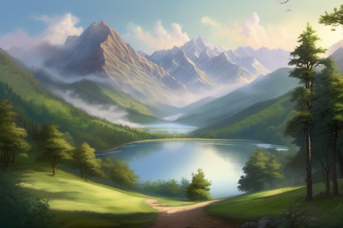 A serene landscape: A majestic mountain range stretches across the canvas, with a warm sunlight casting long shadows on the lush green forest below. In the distance, a tranquil lake sparkles like diamonds against the blue sky. Trees sway gently in the breeze, as a winding path disappears into the misty veil of the mountainside.