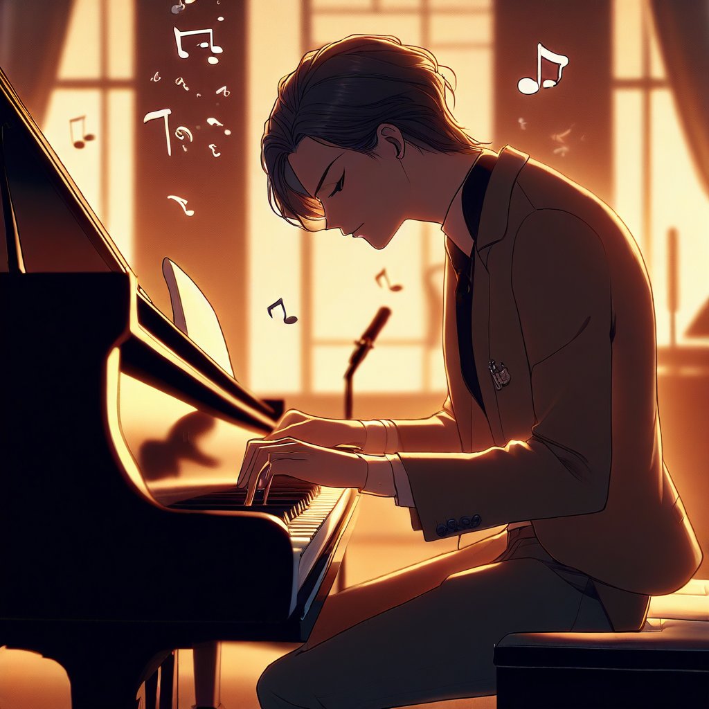 An anime-style illustration of a dedicated musician, intensely focused on playing the piano. The scene is set in a cozy, dimly lit room with a grand piano taking center stage. The musician's fingers are gracefully dancing over the keys, creating a mesmerizing melody. The lighting is soft, casting a warm glow on the musician's determined face and the polished piano. The composition emphasizes the musician's passion and the serene ambiance of the room, with subtle hints of musical notes floating in the air.