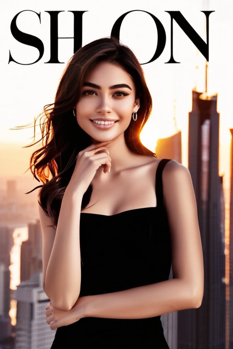 A sleek, high-gloss magazine cover features a stunning model posing confidently against a backdrop of city skyscrapers at sunset. The warm golden light casts a flattering glow on her porcelain skin as she cradles the publication's title in one hand and gazes directly into the camera lens with a sultry smile. The bold font and vibrant colors of the magazine title pop against the dark urban landscape, making for a captivating visual statement,fashion magazine cover