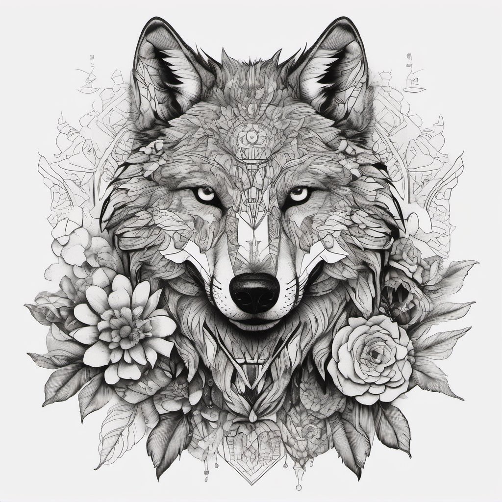 Visual Design, Tattoo, aesthetic, a black and white drawing of a wolf head with flowers and other designs on it, a detailed drawing, behance contest winner, elaborate ink illustration, intricate ink illustration, geometric wolf, tattoo design, hyper detailed wolf - like face, ink artwork,more detail XL