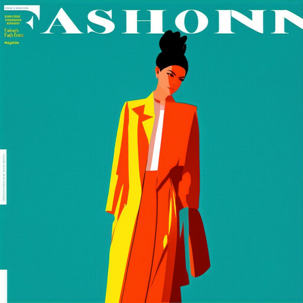 A flat illustration for a fashion magazine cover, featuring a stylish model in a chic outfit, standing confidently in the center. The background is a solid color, enhancing the model's bold pose and elegant attire. The lighting is even, with no shadows, creating a clean, modern look. The composition includes the magazine title in stylish typography, placed prominently at the top. The illustration captures the essence of high fashion in a simplified, graphic style, perfect for a trendy magazine cover.