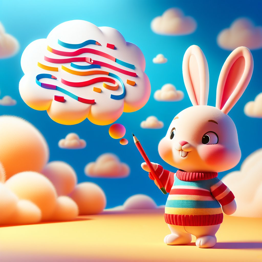 A vibrant 3D cartoon scene featuring a bright blue background with swirling white clouds. In the foreground, a cartoon rabbit in a red and yellow striped sweater holds a giant pencil, standing on one leg while tilting its head to gaze up at a thought bubble filled with colorful scribbles. The lighting is soft and warm, with a slight gradient effect giving the scene a whimsical quality.