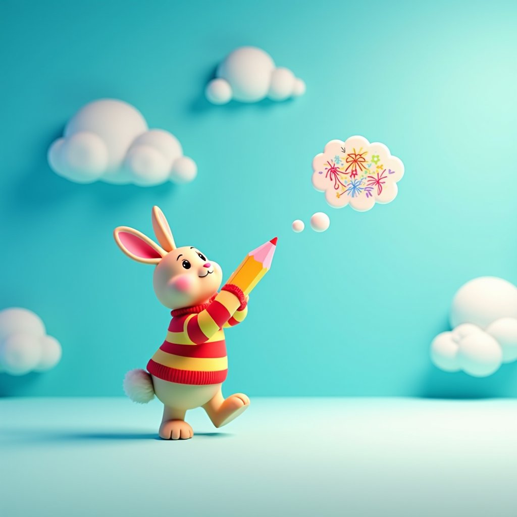 A vibrant 3D cartoon scene featuring a bright blue background with swirling white clouds. In the foreground, a cartoon rabbit in a red and yellow striped sweater holds a giant pencil, standing on one leg while tilting its head to gaze up at a thought bubble filled with colorful scribbles. The lighting is soft and warm, with a slight gradient effect giving the scene a whimsical quality.