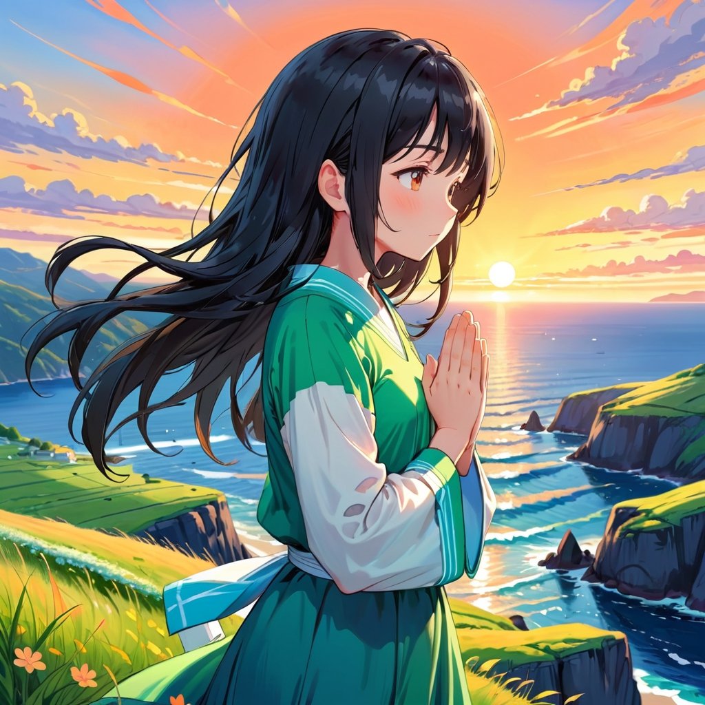#TensorArt

Medium: Digital painting
Style: Warm and hopeful anime art by Makoto Shinkai

Depict a young girl standing on a grassy cliff overlooking the sea at sunrise. She has long black hair flowing gently in the breeze. Her hands are clasped together in front of her chest, eyes closed, as she says a prayer.

In the background, the vivid orange sunrise peeks above the horizon, casting its glow across the calm blue sea. Rolling green hills stretch into the distance.

The mood is serene, peaceful and full of hope. Soft pastel colors in the sky represent new beginnings. The girl's prayer sends positive energy across the land and sea to support rebuilding efforts.,xxmixgirl