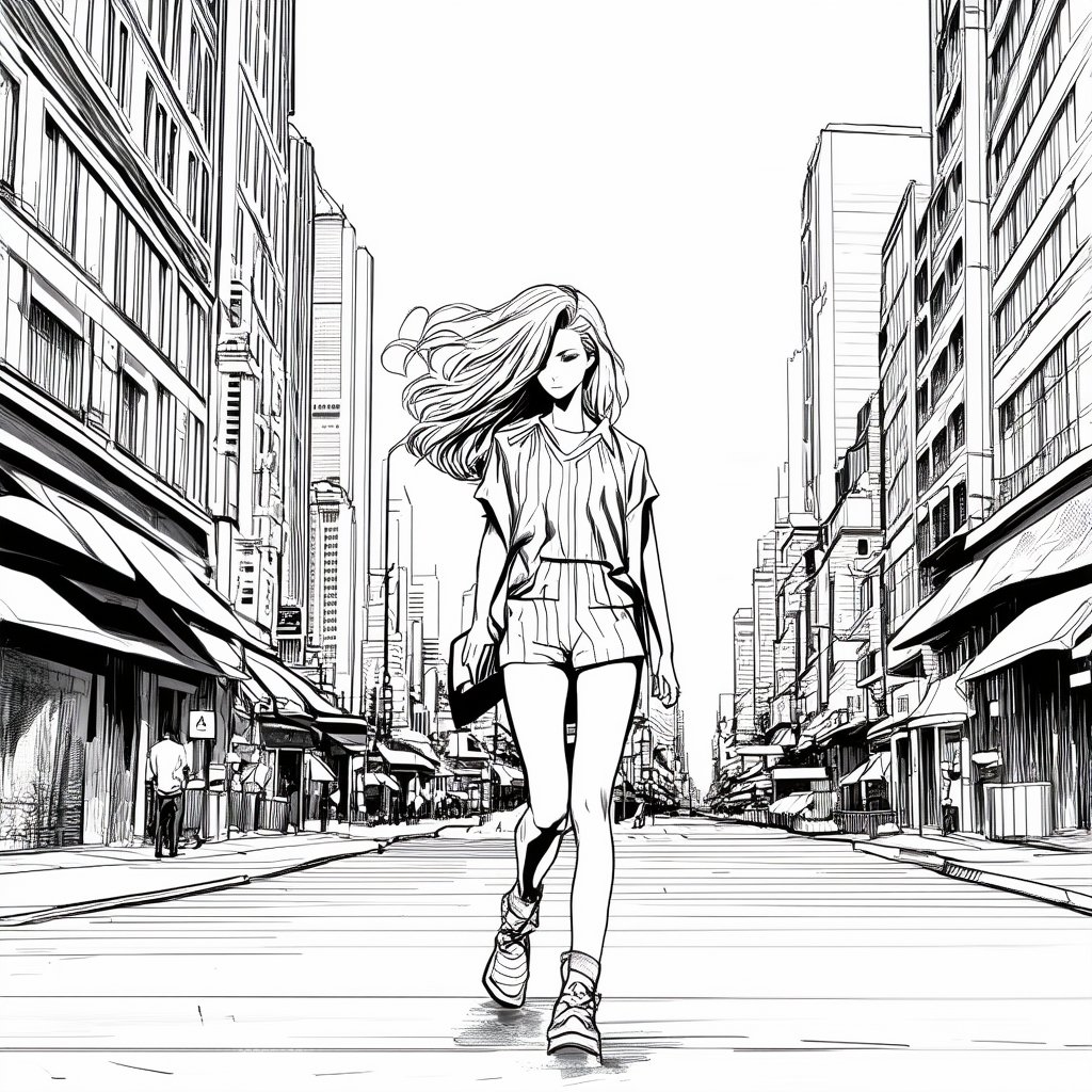 A manga-style line art illustration of a blonde woman strolling through a city, rendered in pencil art. The scene features clean, detailed lines capturing her flowing hair and the urban environment. She is depicted mid-stride, with a relaxed expression, amidst a backdrop of tall buildings and busy streets. The composition centers on her, with the cityscape subtly sketched around her, emphasizing the contrast between her and the bustling surroundings. Soft pencil shading adds depth and texture to the illustration.