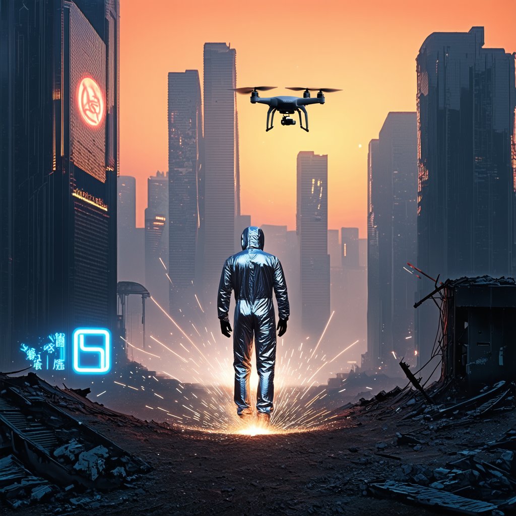 A futuristic cityscape at dusk: sleek skyscrapers pierce the smoggy orange sky as neon lights and holographic advertisements flicker to life. A hovering drone zips past, leaving a trail of digital sparks in its wake, while a lone figure in a metallic jumpsuit stands atop a crumbling ruin, gazing out upon the dystopian metropolis.