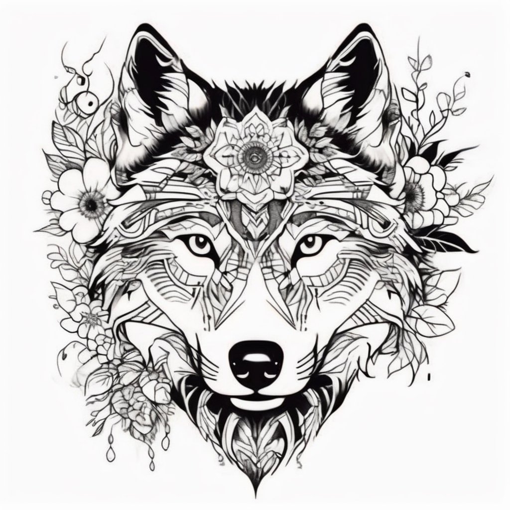 Visual Design, Tattoo, aesthetic, a black and white drawing of a wolf head with flowers and other designs on it, a detailed drawing, behance contest winner, elaborate ink illustration, intricate ink illustration, geometric wolf, tattoo design, hyper detailed wolf - like face, ink artwork,more detail XL