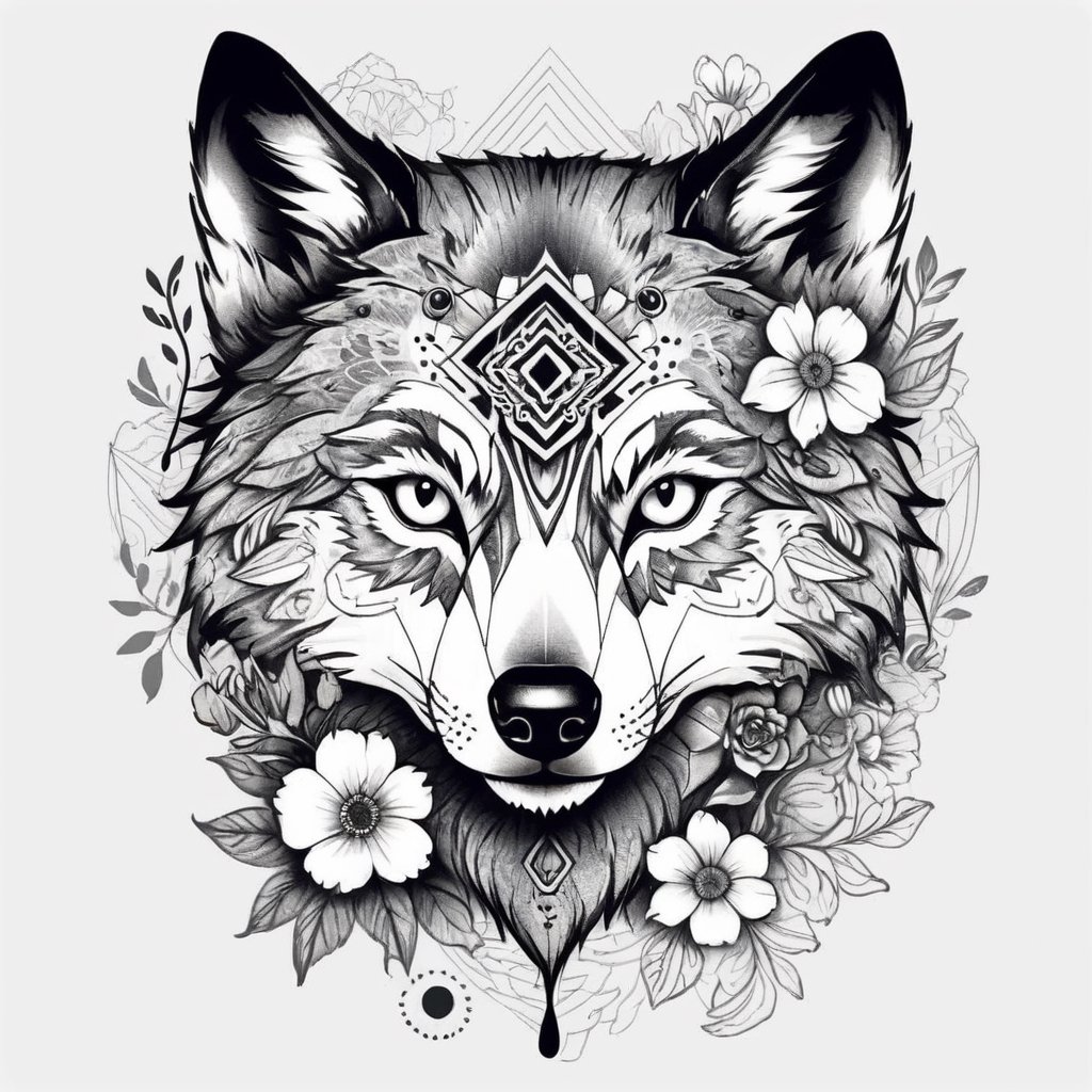 Visual Design, Tattoo, aesthetic, a black and white drawing of a wolf head with flowers and other designs on it, a detailed drawing, behance contest winner, elaborate ink illustration, intricate ink illustration, geometric wolf, tattoo design, hyper detailed wolf - like face, ink artwork,more detail XL