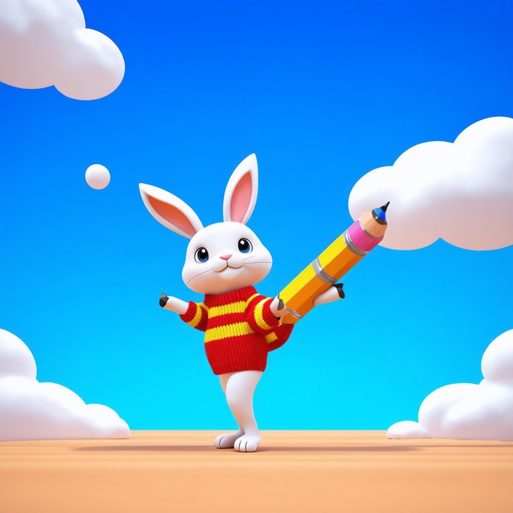 A vibrant 3D cartoon scene featuring a bright blue background with swirling white clouds. In the foreground, a cartoon rabbit in a red and yellow striped sweater holds a giant pencil, standing on one leg while tilting its head to gaze up at a thought bubble filled with colorful scribbles. The lighting is soft and warm, with a slight gradient effect giving the scene a whimsical quality.