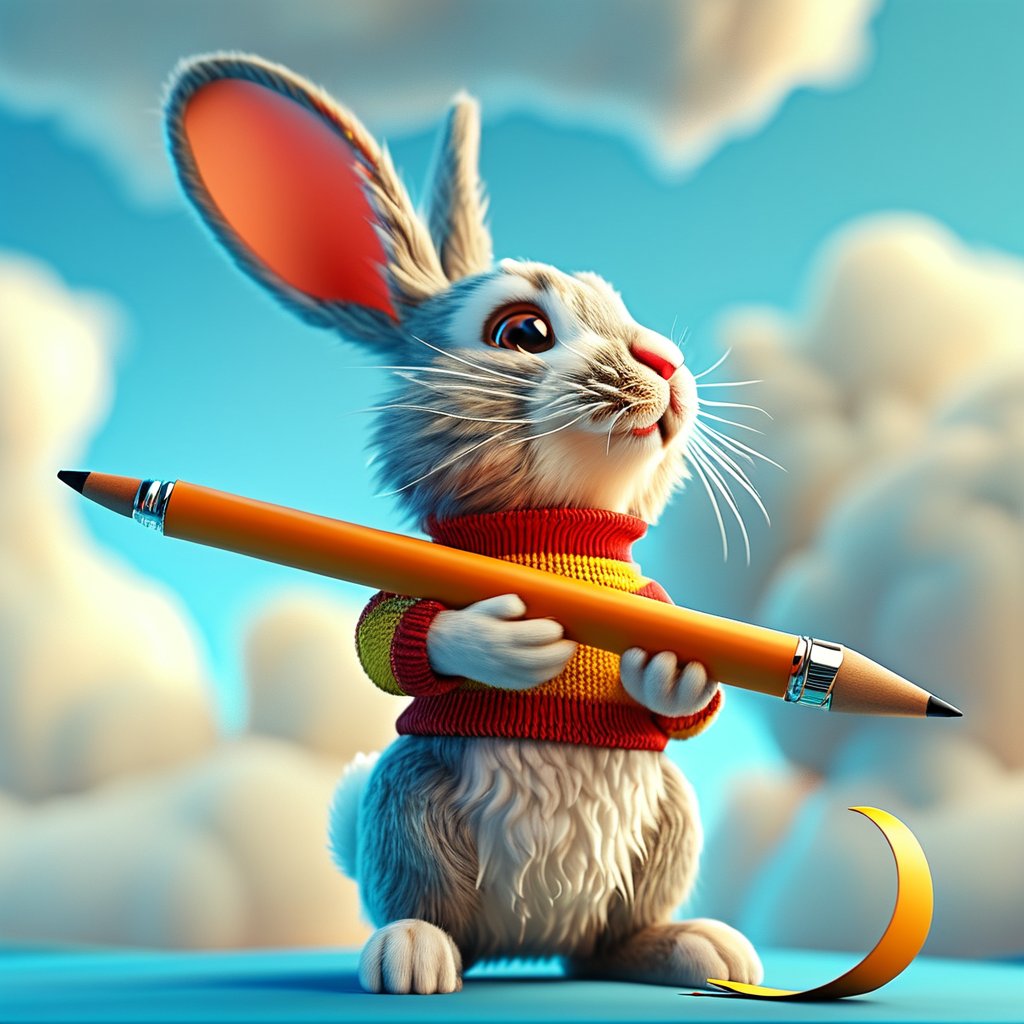 A vibrant 3D cartoon scene featuring a bright blue background with swirling white clouds. In the foreground, a cartoon rabbit in a red and yellow striped sweater holds a giant pencil, standing on one leg while tilting its head to gaze up at a thought bubble filled with colorful scribbles. The lighting is soft and warm, with a slight gradient effect giving the scene a whimsical quality.