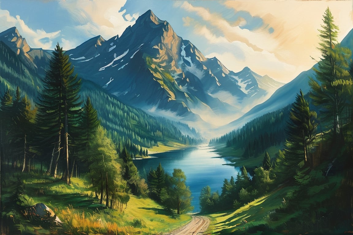 A serene landscape: A majestic mountain range stretches across the canvas, with a warm sunlight casting long shadows on the lush green forest below. In the distance, a tranquil lake sparkles like diamonds against the blue sky. Trees sway gently in the breeze, as a winding path disappears into the misty veil of the mountainside.