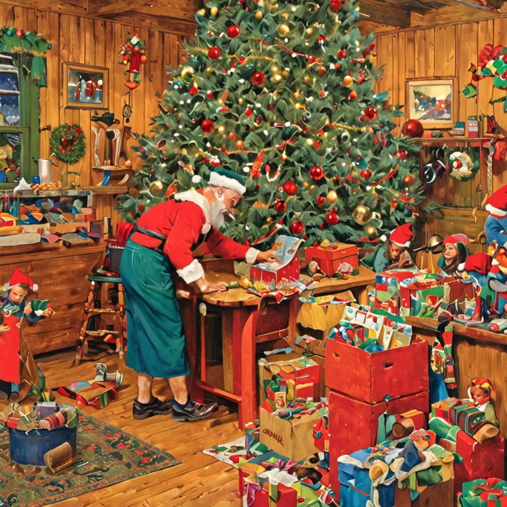 christmas, SANTA CLAUS, Christmas 1girl, sweater dress, santa hat, CHRISTMAS TREE,
"Santa Claus, workshop, elves busy at work, toys everywhere, wrapping station, conveyer belt of gifts, wooden tools, art by Norman Rockwell, (busy:1.5), (colorful:1.8), (festive:2)", (Best quality:1.5, masterpiece:1.5).