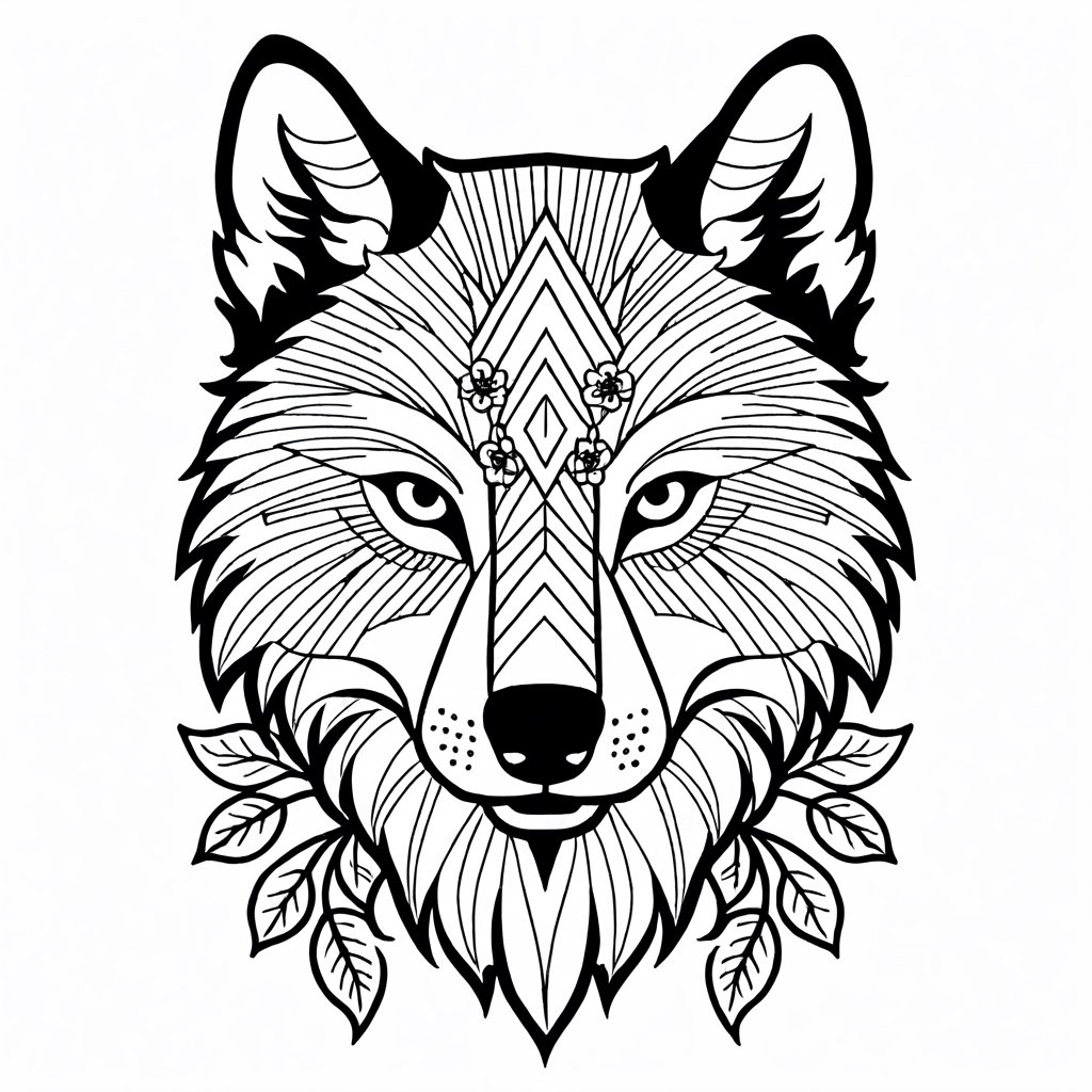 Visual Design, Tattoo, aesthetic, a black and white drawing of a wolf head with flowers and other designs on it, a detailed drawing, behance contest winner, elaborate ink illustration, intricate ink illustration, geometric wolf, tattoo design, hyper detailed wolf - like face, ink artwork,more detail XL