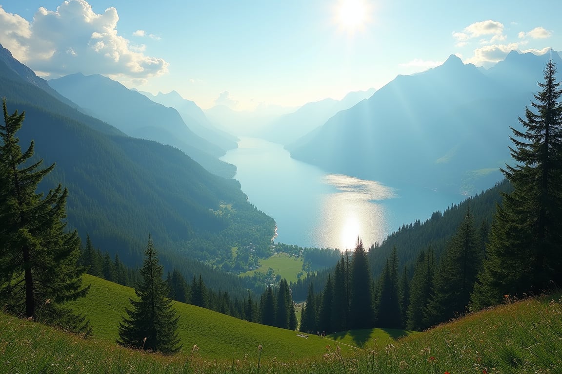 A serene landscape: A majestic mountain range stretches across the canvas, with a warm sunlight casting long shadows on the lush green forest below. In the distance, a tranquil lake sparkles like diamonds against the blue sky. Trees sway gently in the breeze, as a winding path disappears into the misty veil of the mountainside.