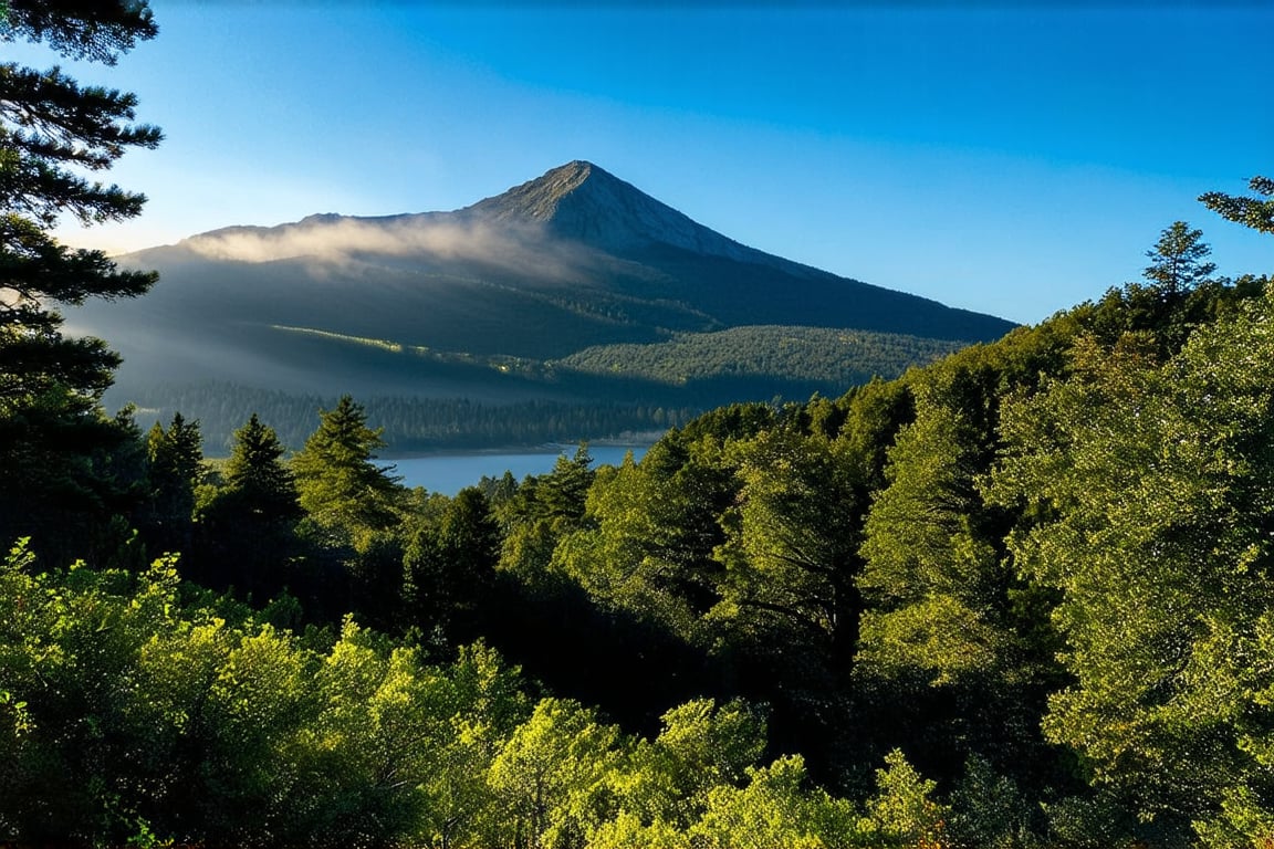 A serene landscape: A majestic mountain range stretches across the canvas, with a warm sunlight casting long shadows on the lush green forest below. In the distance, a tranquil lake sparkles like diamonds against the blue sky. Trees sway gently in the breeze, as a winding path disappears into the misty veil of the mountainside.