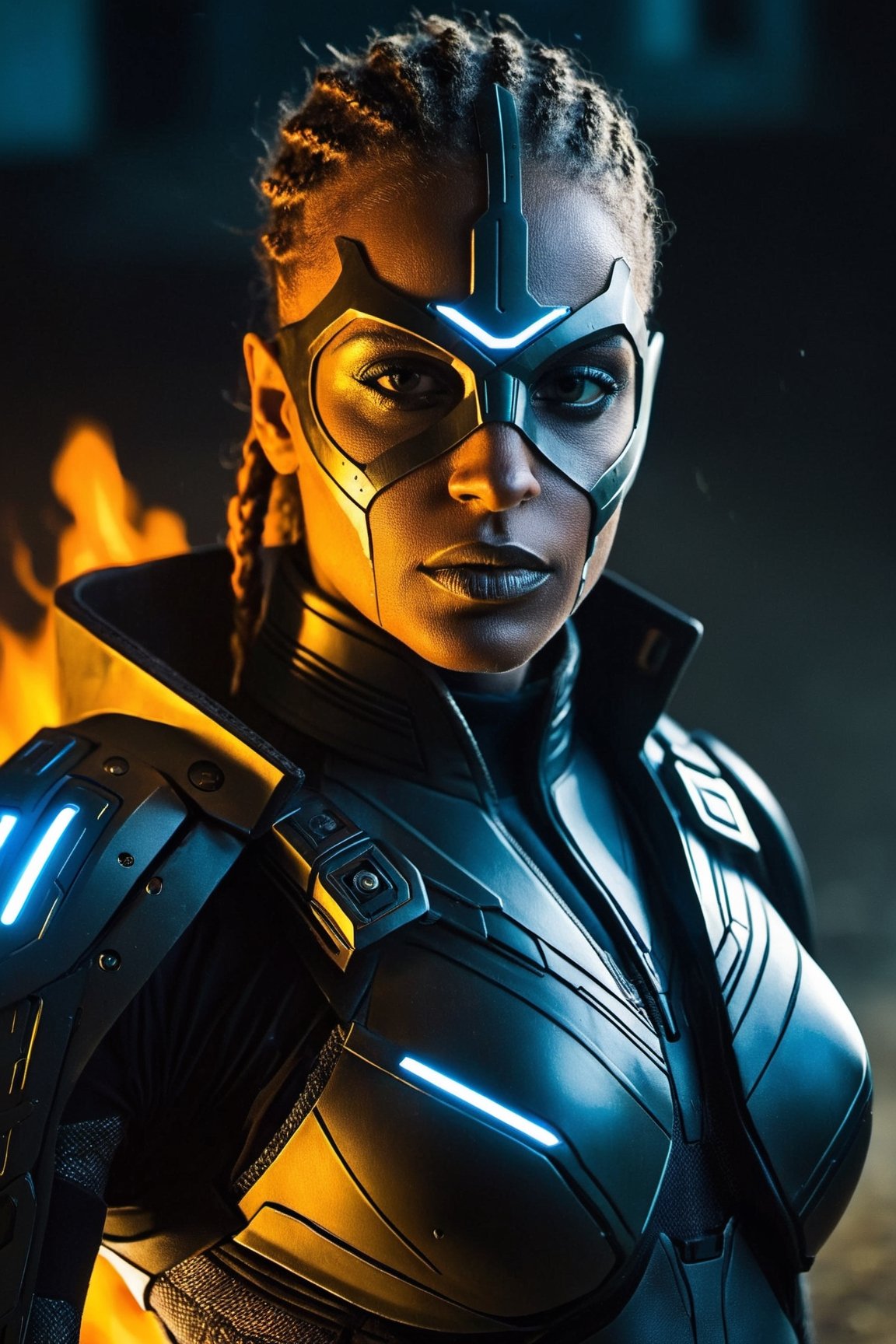 A close-up of a woman in a futuristic suit, determined eyes focused ahead, sprinting through a field of fire, BREAK amidst a backdrop of a dystopian cityscape, dilapidated buildings, and flaming debris, BREAK exuding a sense of powerful resilience, BREAK rendered in advanced digital cyberpunk art style, with a touch of gritty realism, BREAK lit by the fiery glow, casting dramatic shadows and highlighting the intricate details of her suit, a dynamic perspective capturing her in mid-stride, BREAK displaying a meticulously crafted, 8K stunning artwork, suitable for a highly detailed 4K HD wallpaper