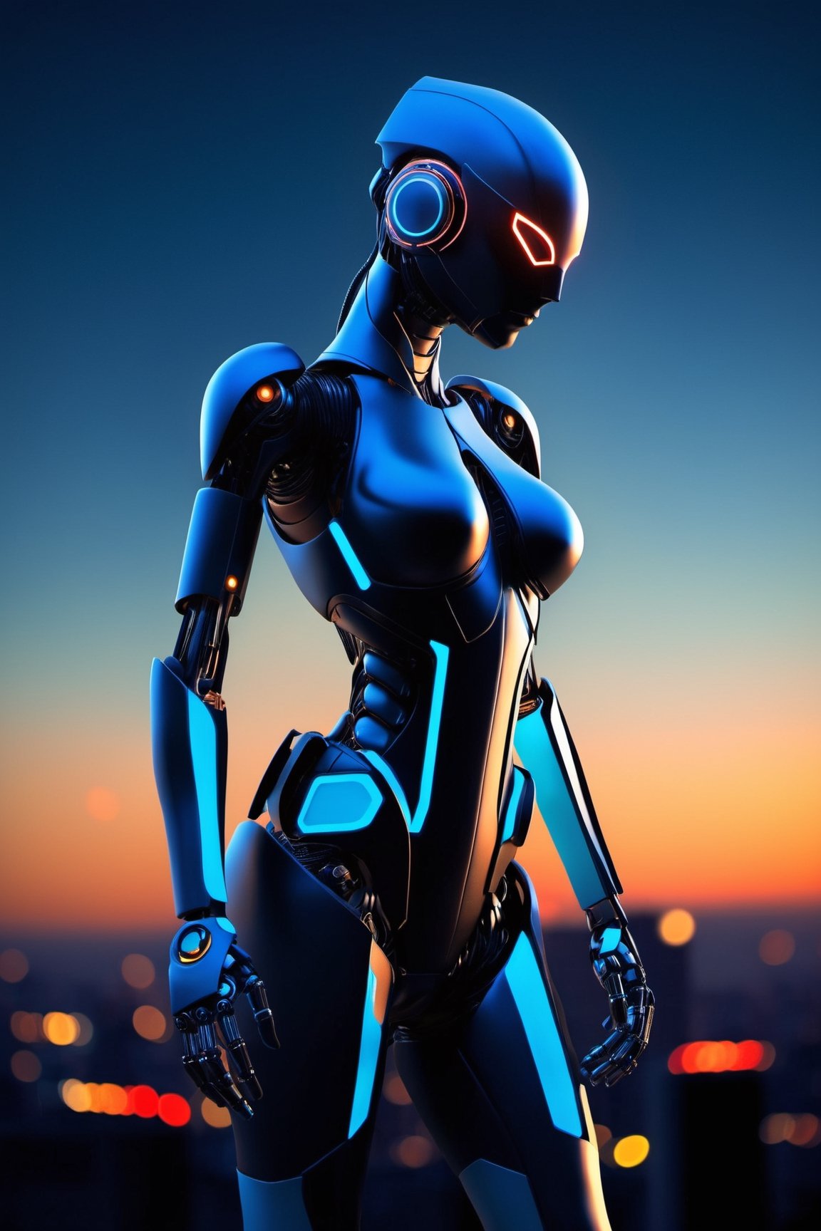 Disintegration robot girl, with her mechanical parts slowly drifting apart, BREAK amidst a backdrop of a futuristic cityscape, neon-lit skyscrapers, a setting sun casting long shadows, BREAK evoking a sense of melancholic solitude, BREAK rendered in a stylized digital 3D model, with a touch of anime influence, BREAK lit by the fading twilight, casting a cool blue hue, with the city lights providing a contrasting warm glow, a wide-angle perspective with a shallow depth of field, BREAK displaying high definition, meticulously crafted details, 16K resolution