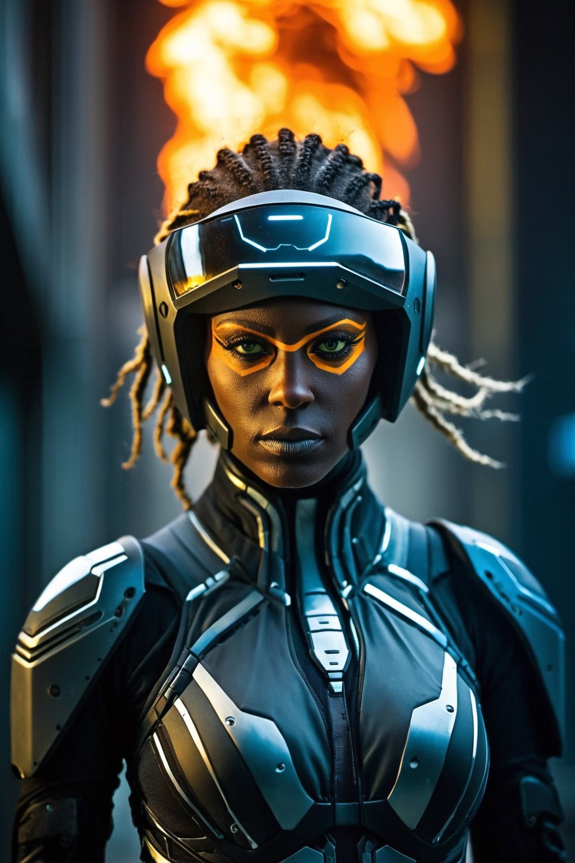 A close-up of a woman in a futuristic suit, determined eyes focused ahead, sprinting through a field of fire, BREAK amidst a backdrop of a dystopian cityscape, dilapidated buildings, and flaming debris, BREAK exuding a sense of powerful resilience, BREAK rendered in advanced digital cyberpunk art style, with a touch of gritty realism, BREAK lit by the fiery glow, casting dramatic shadows and highlighting the intricate details of her suit, a dynamic perspective capturing her in mid-stride, BREAK displaying a meticulously crafted, 8K stunning artwork, suitable for a highly detailed 4K HD wallpaper