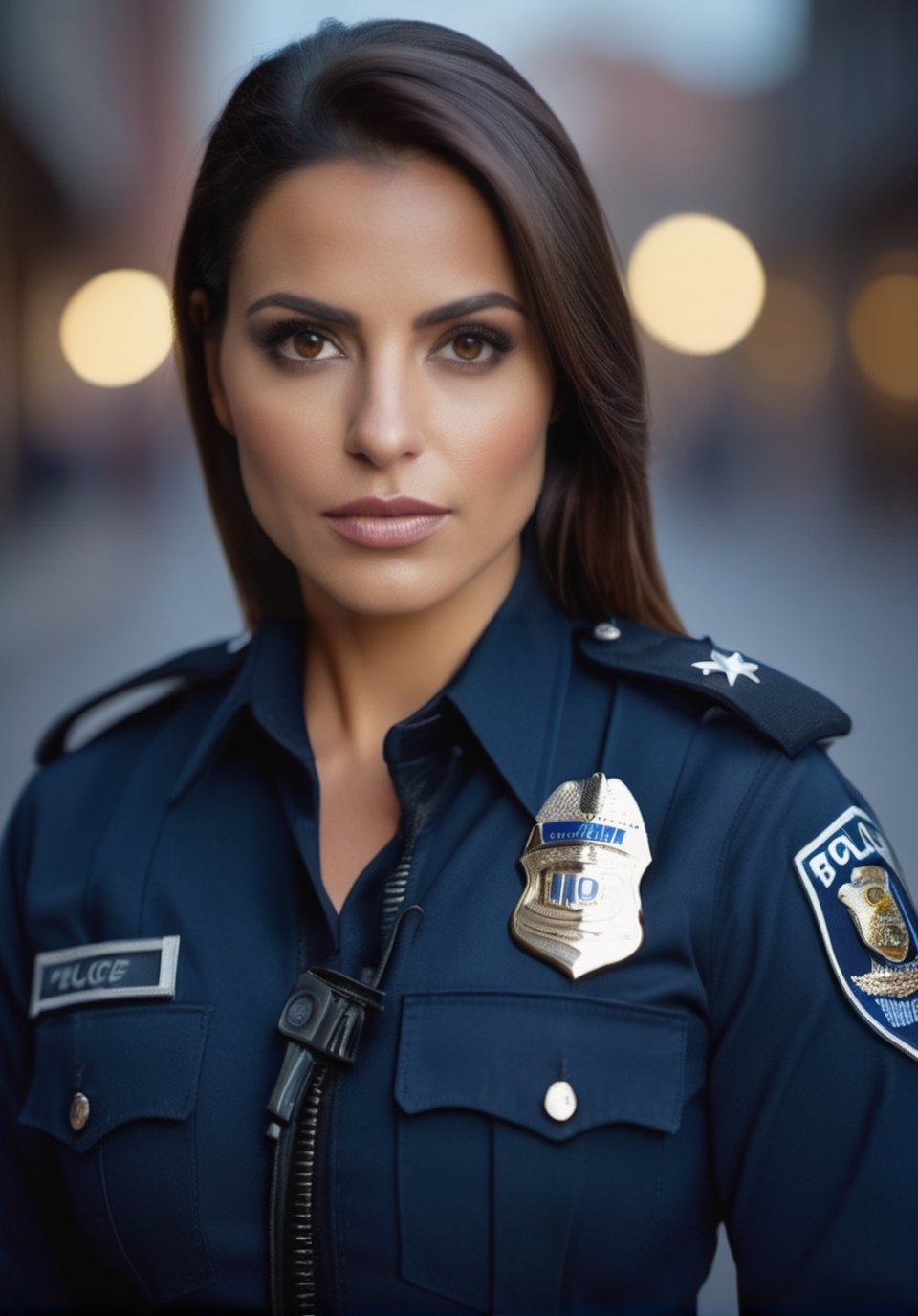 cinematic, [medium body shot(1.5)] [elegant and shapely 30 year old latin woman (1.5)], 

A beautiful policewoman, an idol lookalike, wearing a police jacket exposing cleavage, high-detail RAW color art, piercing, diffused soft lighting, shallow depth of field, 28mm lens, F/2.8, sharp focus, hyperrealism, 85mm, a photo of 8K ultra realistic, cinematic lighting,

(medium body shot:1.3), detailed face, detailed eyes, detailed hands, detailed fingers, detailed anatomy, LowRA,

masterpiece, HDR, 8k, detailed face, detailed eyes, detailed hands, detailed fingers, detailed limbs:1.5,

8k, HDR, RAW photo, best quality, masterpiece, Detailed face, photo of perfecteyes eyes