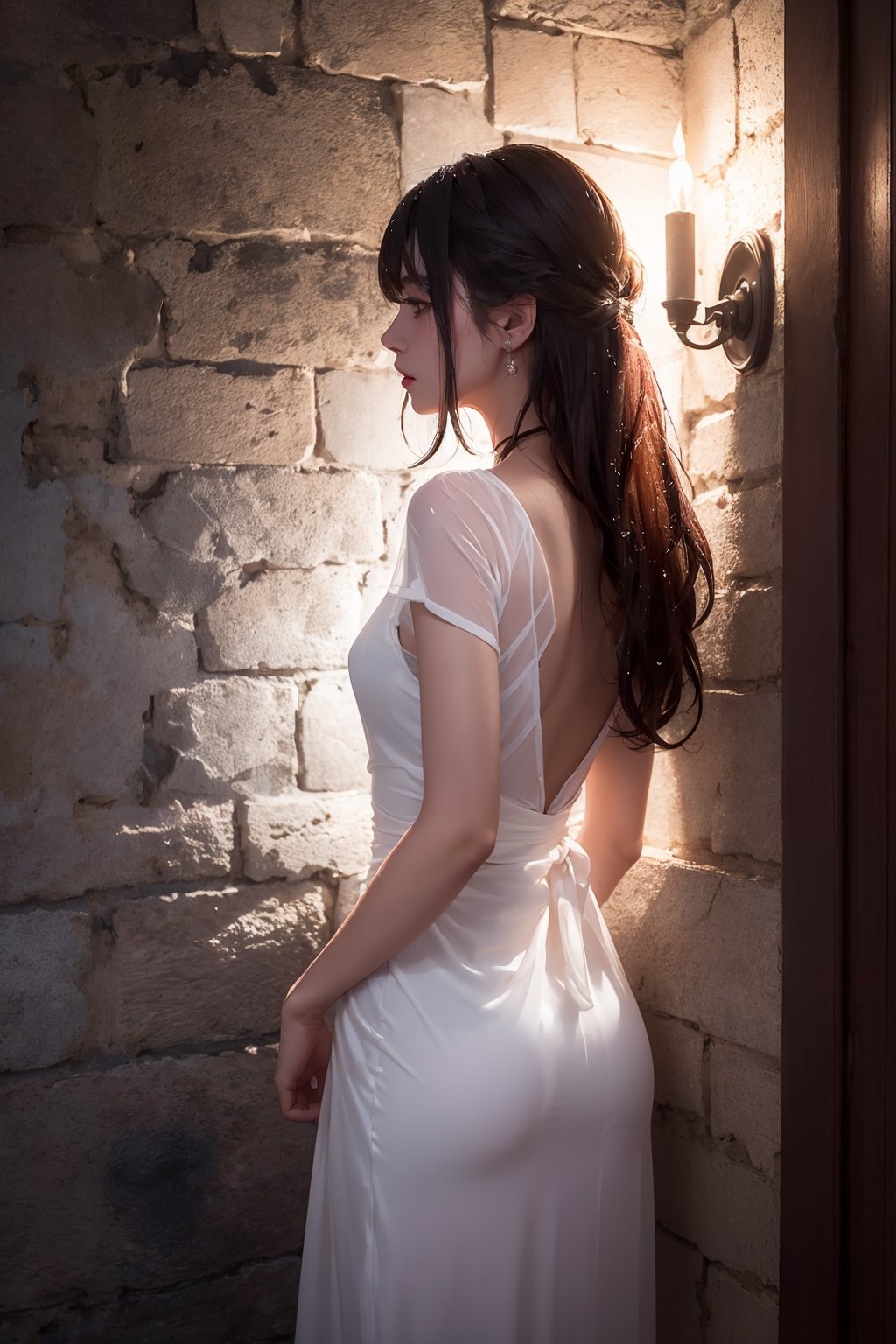 ultra detailed 8k cg, Attractive woman sorcerer translucent white dress, wet, realistic photo side view, dungeons, side light