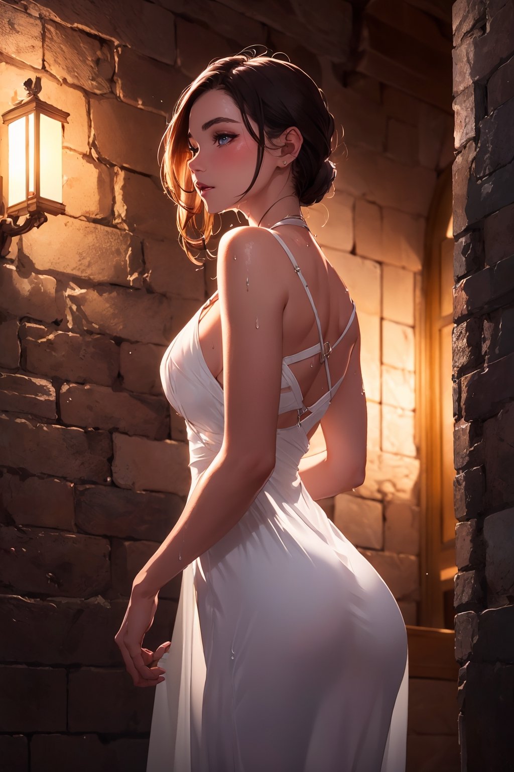 ultra detailed 8k cg, Attractive woman sorcerer translucent white dress, wet, realistic photo side view, dungeons, side light