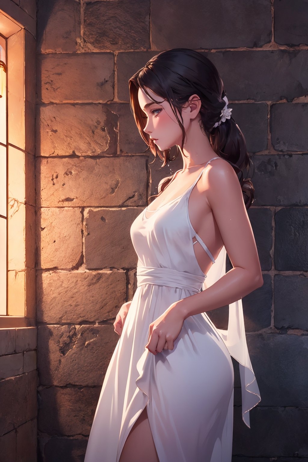 ultra detailed 8k cg, Attractive woman sorcerer translucent white dress, wet, realistic photo side view, dungeons, side light